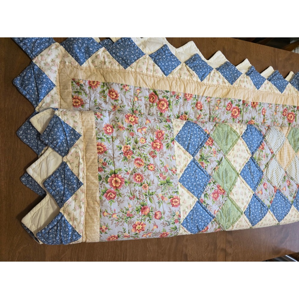 Handmade Patchwork Quilt Floral Gingham Blue Green Yellow Sawtooth Border 81x78